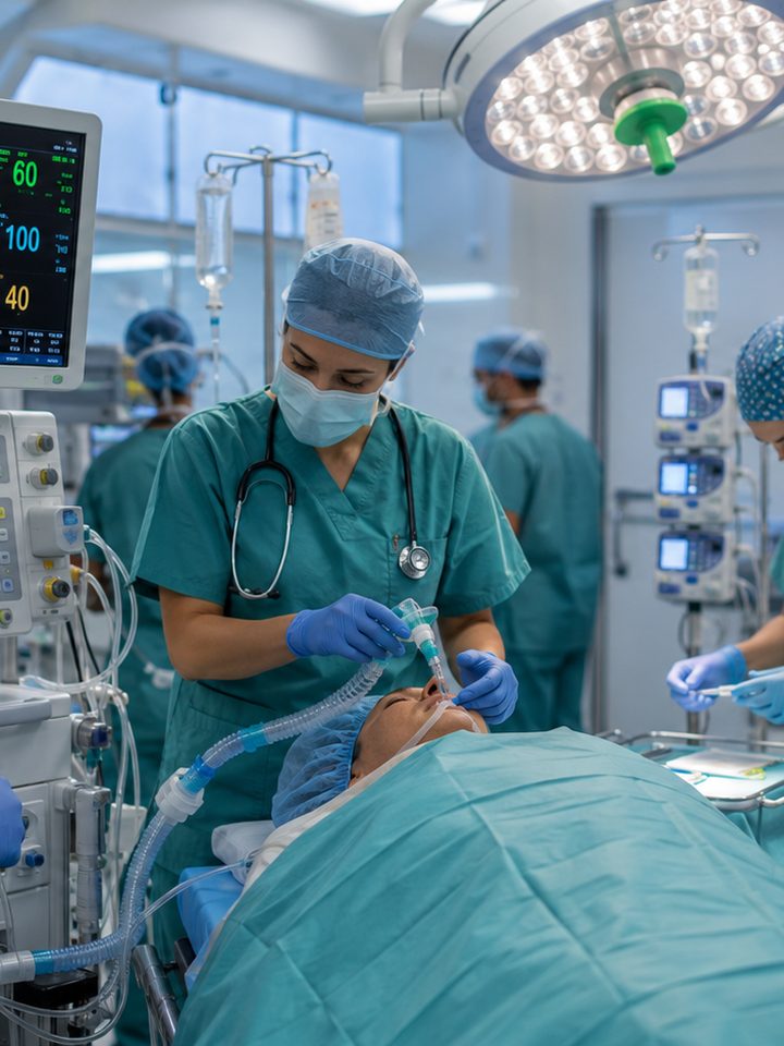 Equipo de anestesiología de SOMNUM monitorizando a un paciente durante una intervención en quirófano